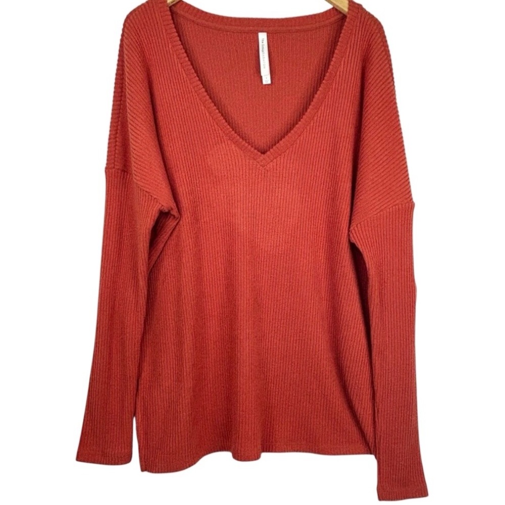 The Group Babaton Orange Fleece Ribbed Traverse Long Sleeve V-Neck Sweater 3 3X